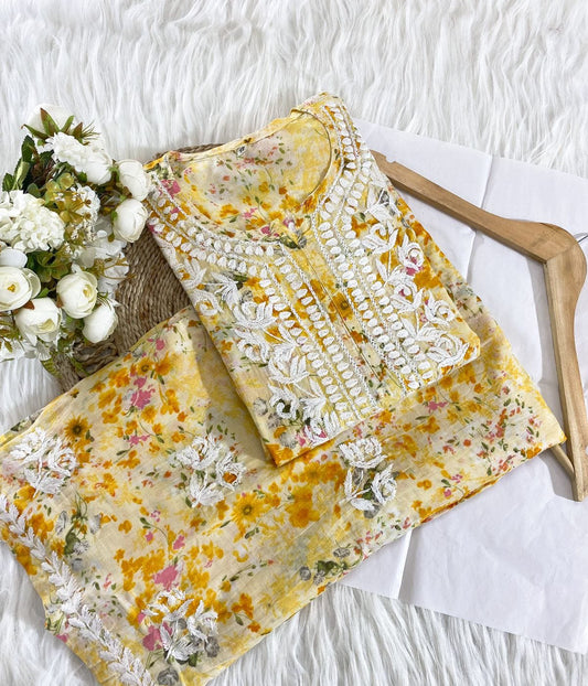 ISHANI  Mulmul Cotton Printed Yellow Chikankari Kurta Palazzo Set