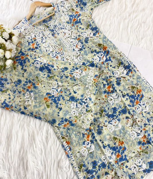 ISHANI Mulmul Cotton Printed Blue Chikankari Kurta Palazzo Set