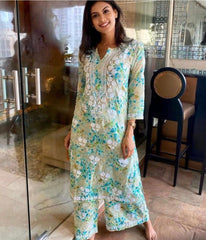 ISHANI  Mulmul Cotton Printed Green Chikankari Kurta Palazzo Set