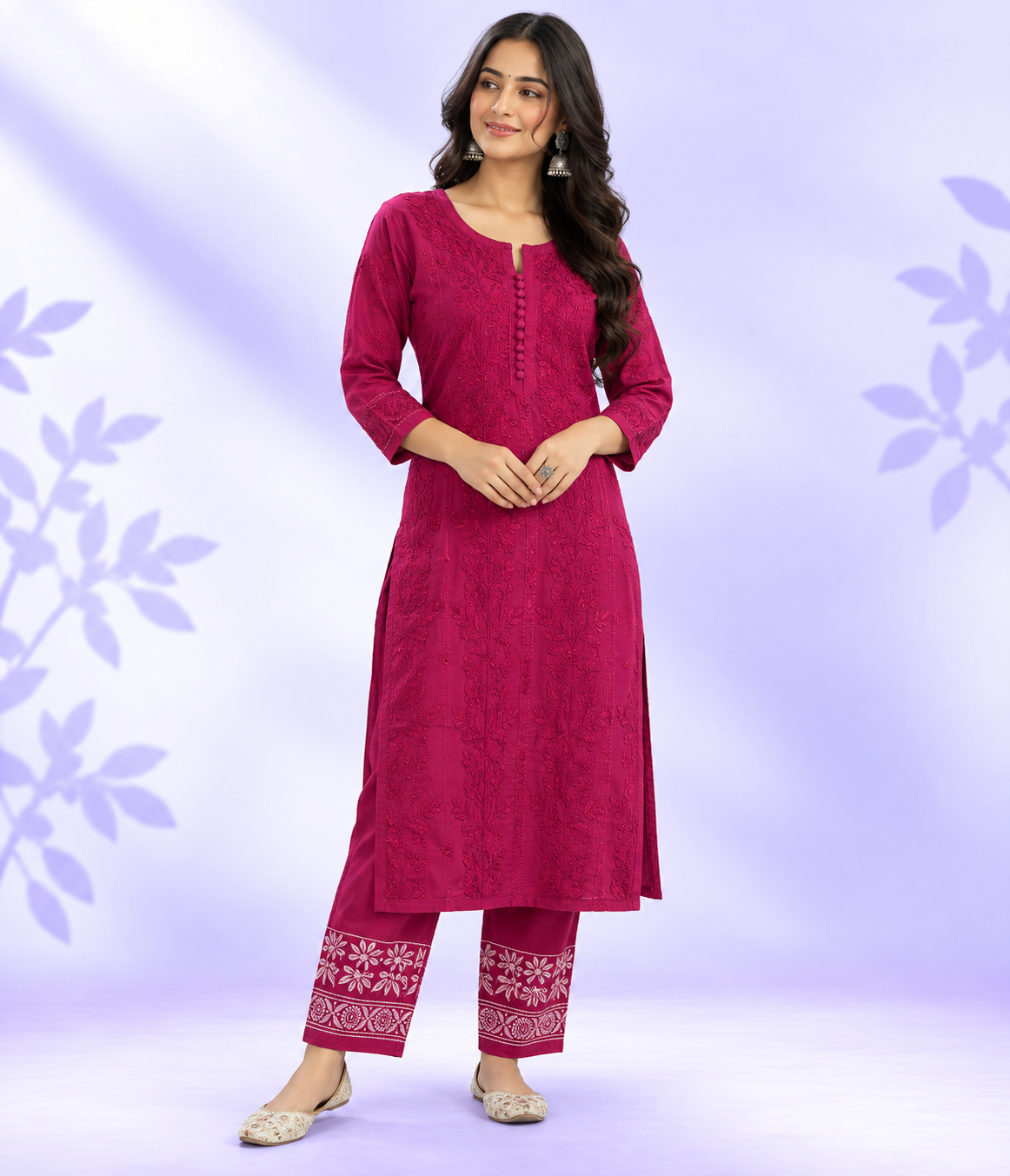 PARI Pink Cotton Dobby Chikankari Kurta Pant Set
