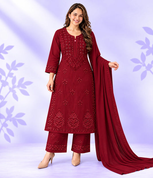 Aditi Premium Modal Chikankari 3 Piece Suit Set with Mukesh Work