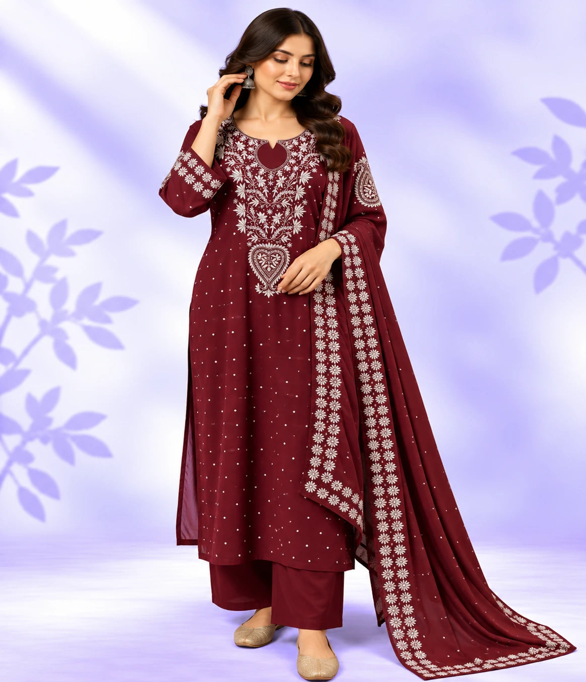 YASHI Luxury Mal Chanderi Handcrafted Chikankari Suit with Kasab, Pearl & Katdana Work