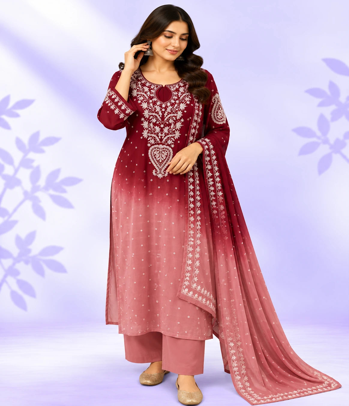 YASHI Luxury Mal Chanderi Handcrafted Chikankari Suit with Kasab, Pearl & Katdana Work