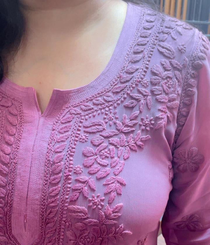NITYA Mauve Pure Viscose Chikankari3D Emboss Omray Kurti