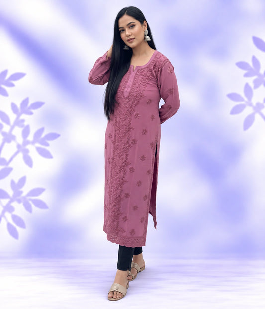 NITYA Mauve Pure Viscose Chikankari3D Emboss Omray Kurti