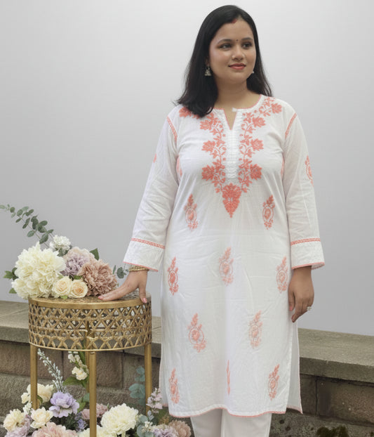RUHANI Coral Pure Mul Cotton Chikankari Kurti and Pant Set