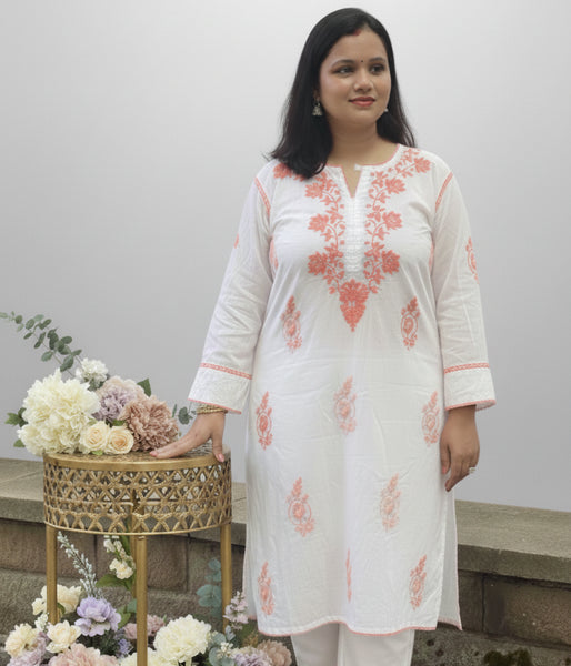 RUHANI Coral Pure Mul Cotton Chikankari Kurti and Pant Set