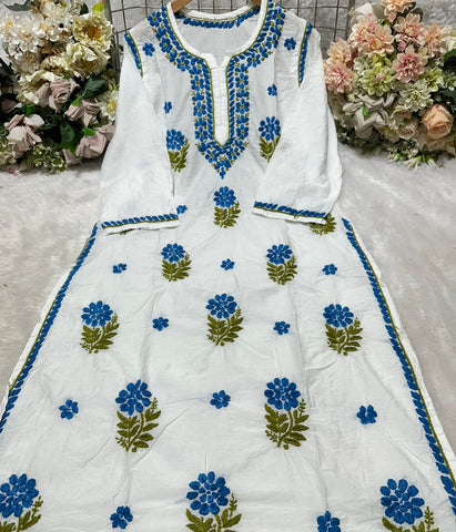 MAYA Blue Pure Chanderi Chikankari kurti