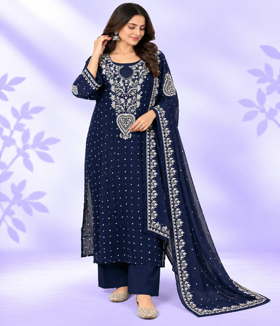 YASHI Luxury Mal Chanderi Handcrafted Chikankari Suit with Kasab, Pearl & Katdana Work