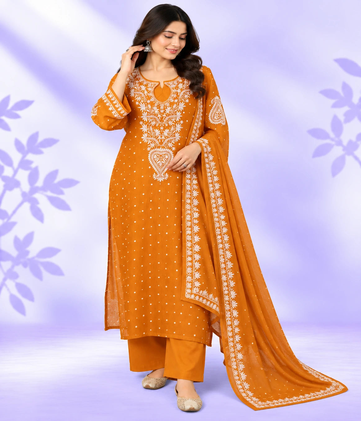 YASHI Luxury Mal Chanderi Handcrafted Chikankari Suit with Kasab, Pearl & Katdana Work