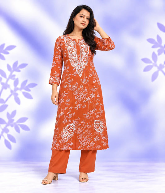 NISHA Orange Mulmul Printed Chikankari Long Kurta