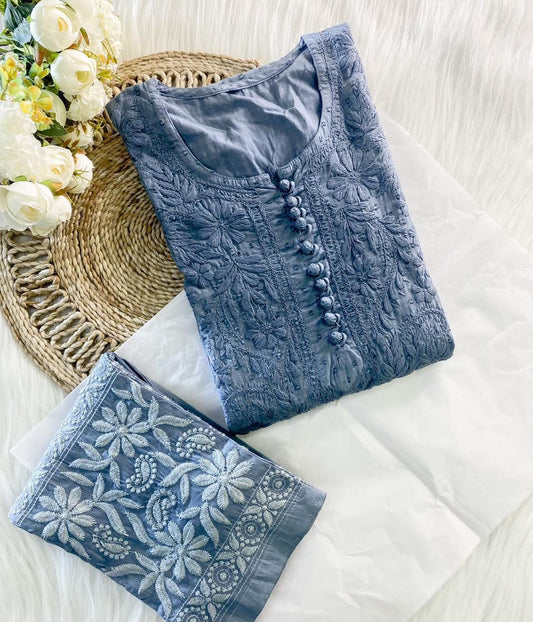 PARI Grey Cotton Dobby Chikankari Kurta Pant Set