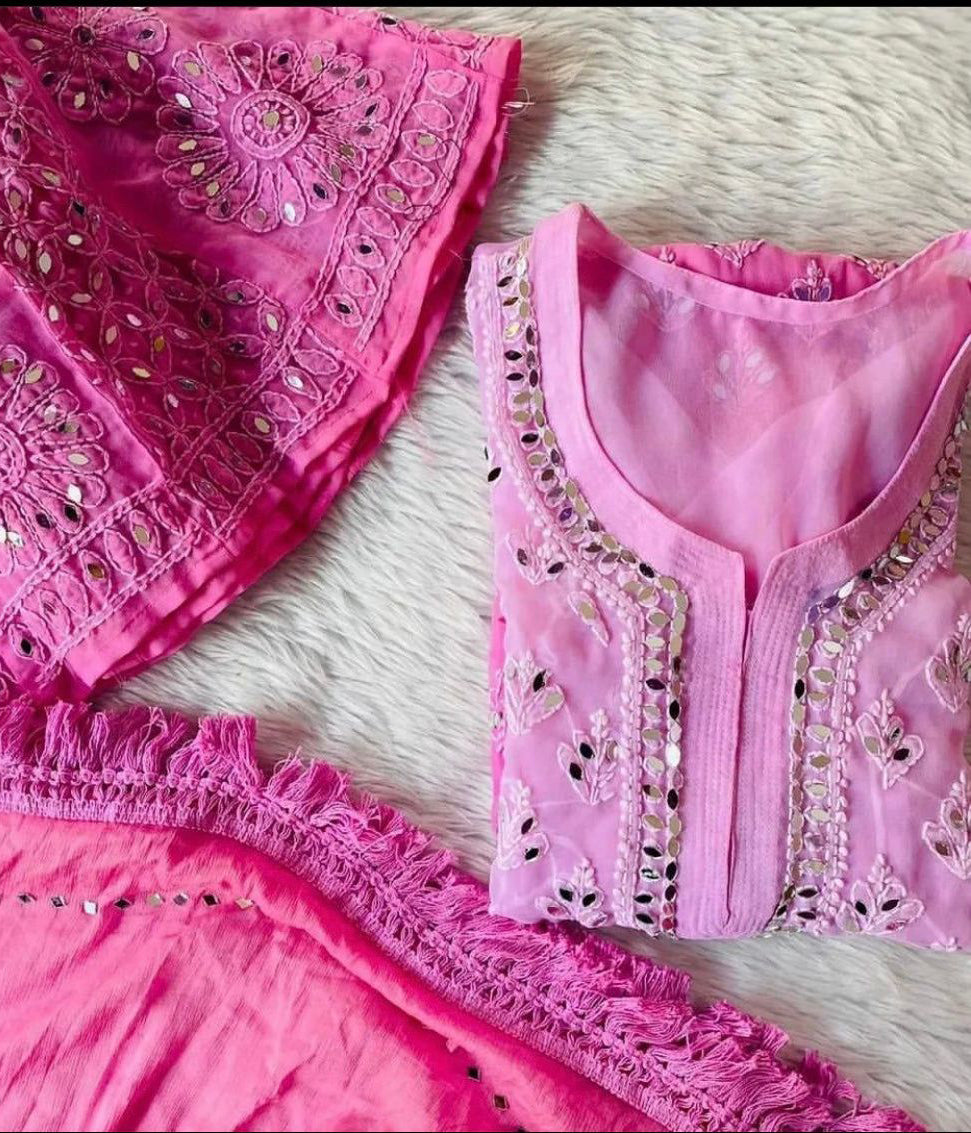SAPNA Pink Mirror Work Chikankari Kurta Palazzo Dupatta Set