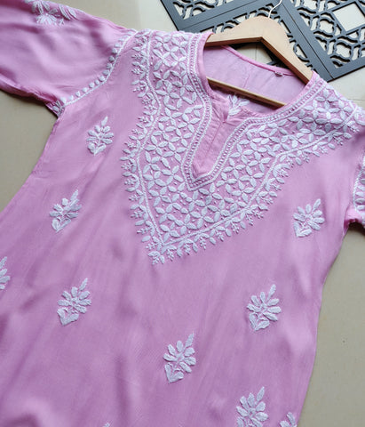 SHIVANI Pink Modal Chikankari Kurti Set - Authentic Lucknowi Chikankari for Women