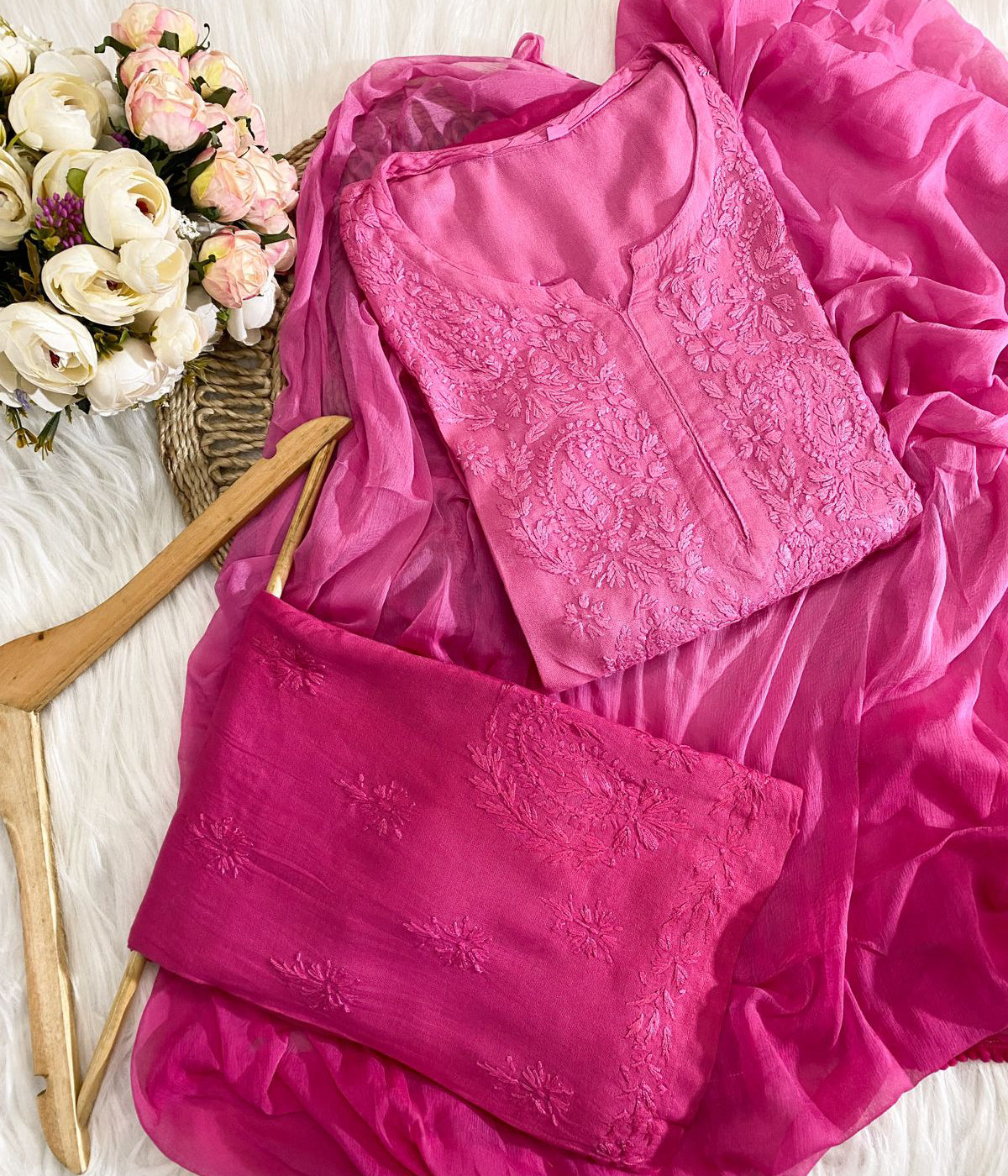 RADHIKA Pink Modal Chikankari 3 Piece Set