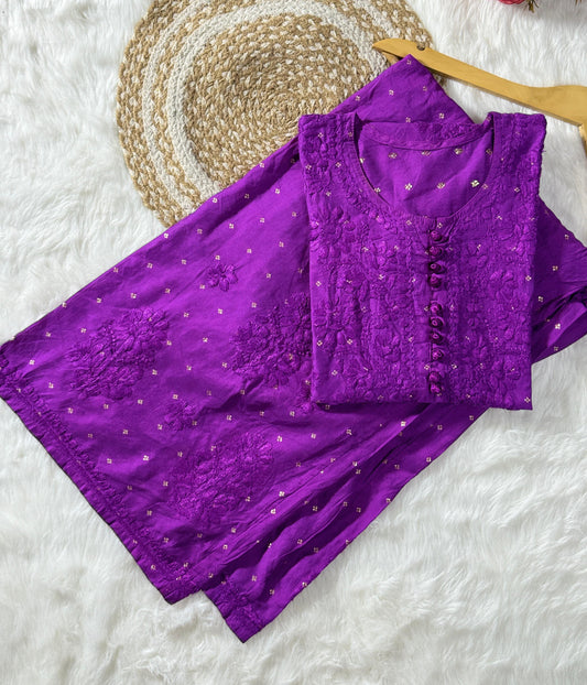 DISHI Purple Pure Chanderi Silk Chikankari Kurta Palazzo Set