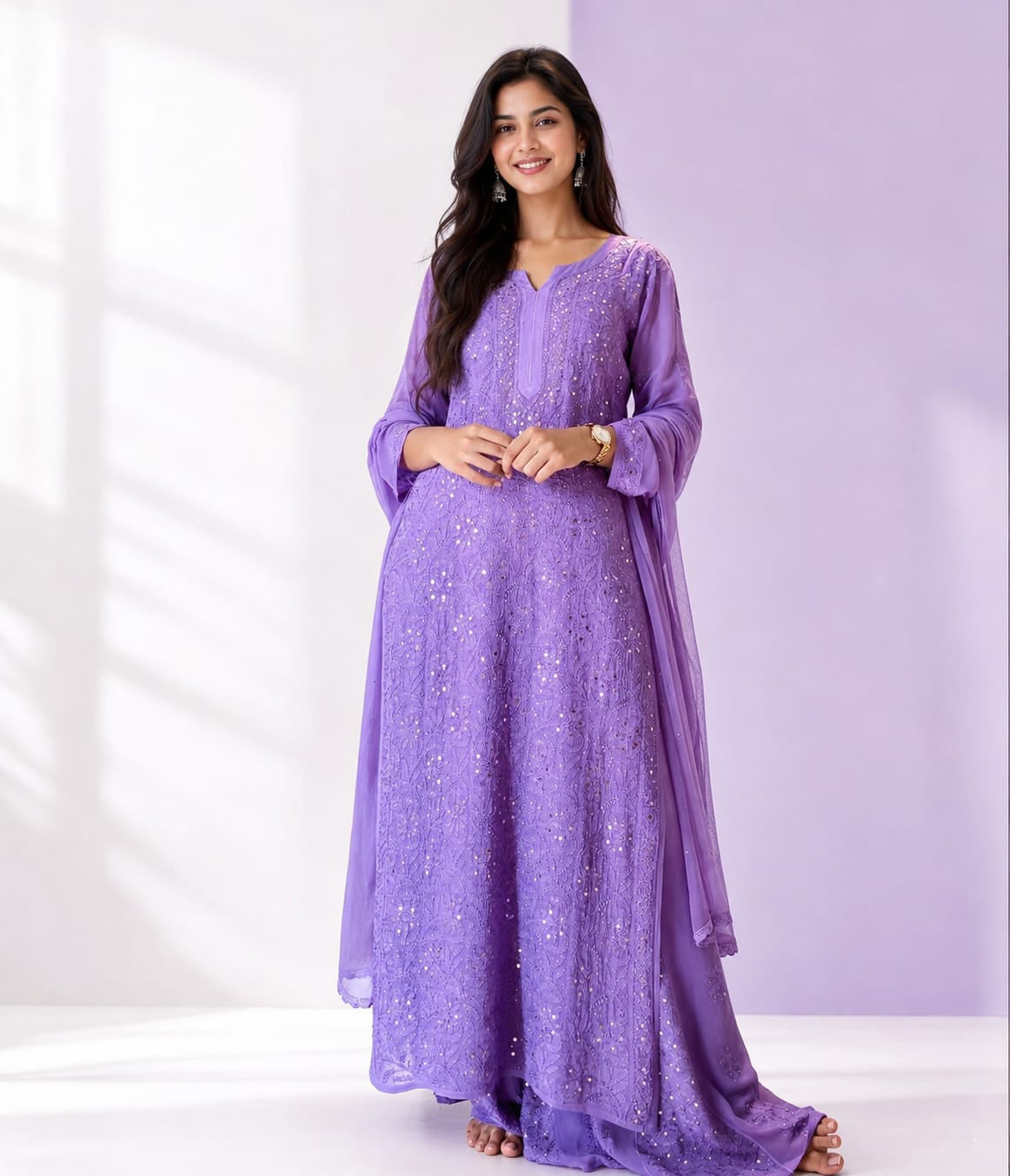SITARA Deep Lavender Pure Viscose Georgette Chikankari Kaamdani suit Set