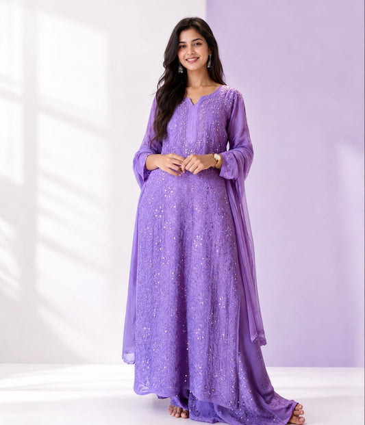 SITARA Deep Lavender Pure Viscose Georgette Chikankari Kaamdani suit Set