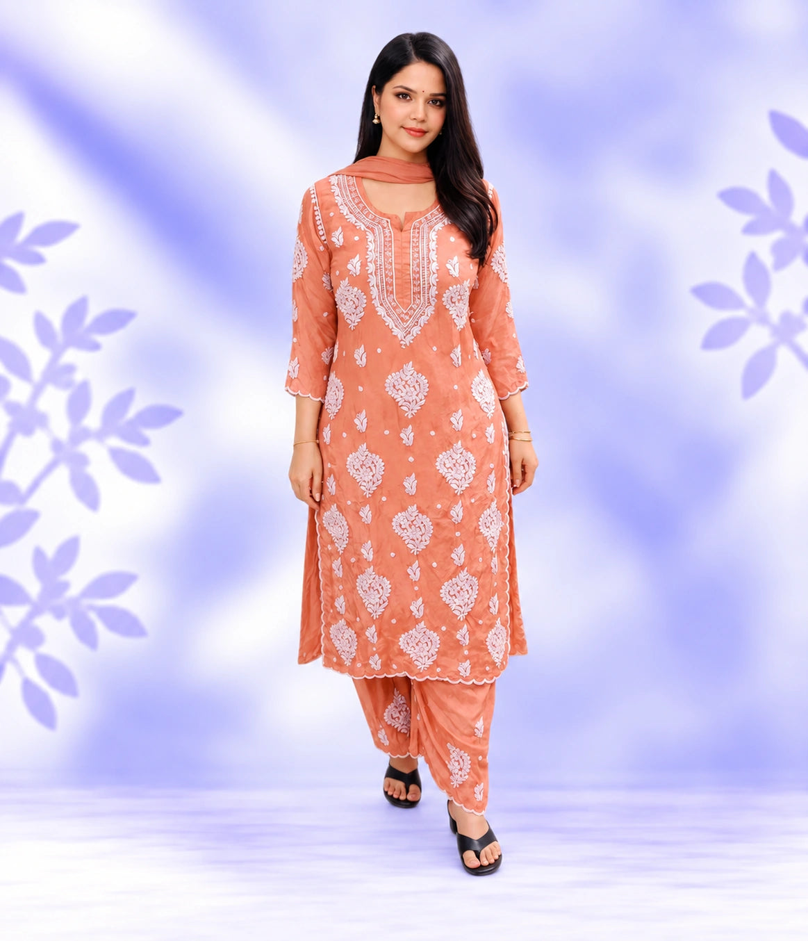 ANIKA Pure Crape Dyeable 3pcs Chikankari Kurti Palazzo set