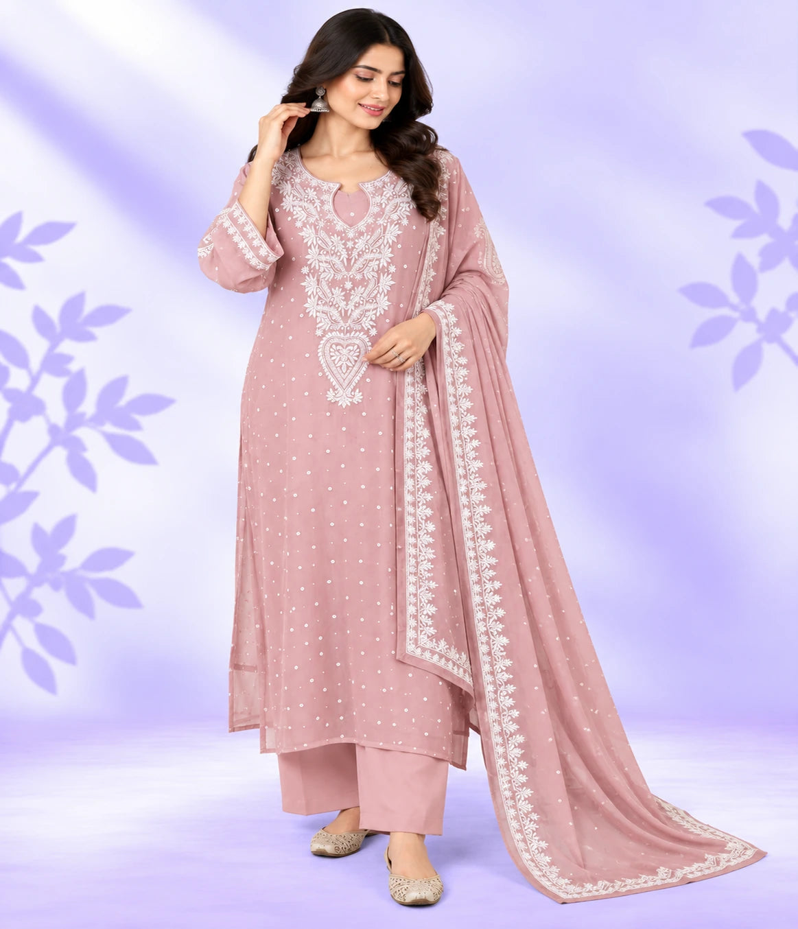 YASHI Luxury Mal Chanderi Handcrafted Chikankari Suit with Kasab, Pearl & Katdana Work
