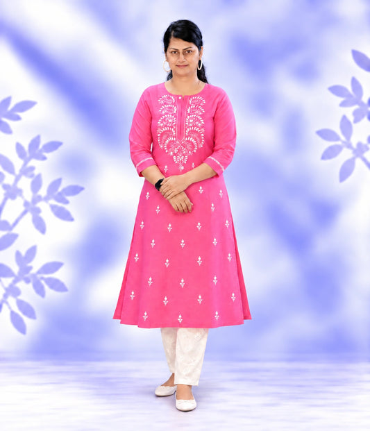 NIHARIKA Pink South Cotton Chikankari  A-Line Long Kurta