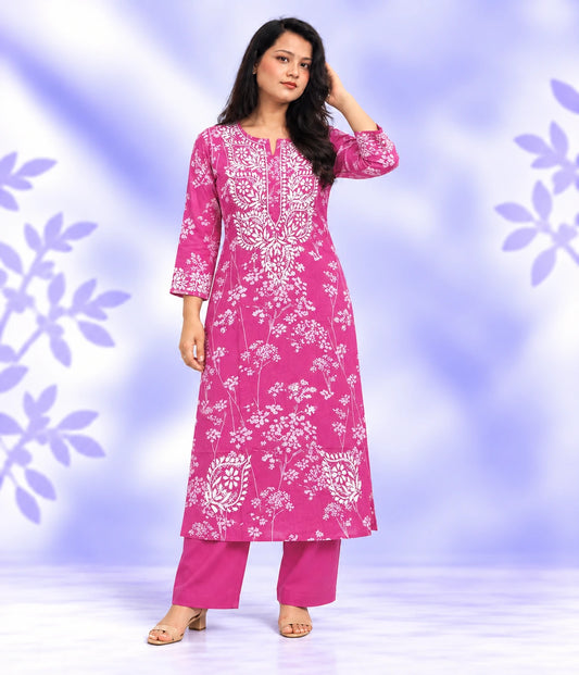 NISHA Pink Mulmul Printed Chikankari Long Kurta