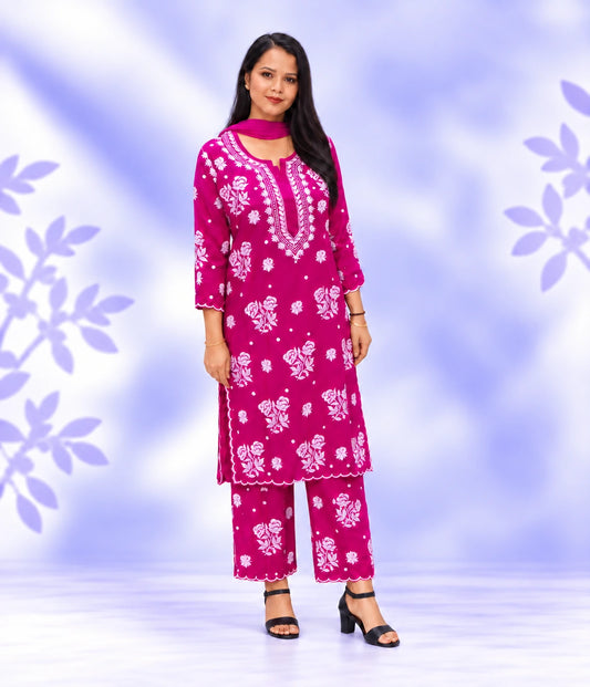 ARYA Pure Crepe Dyeable 3pcs Kurti Palazzo Set with Chiffon Dupatta