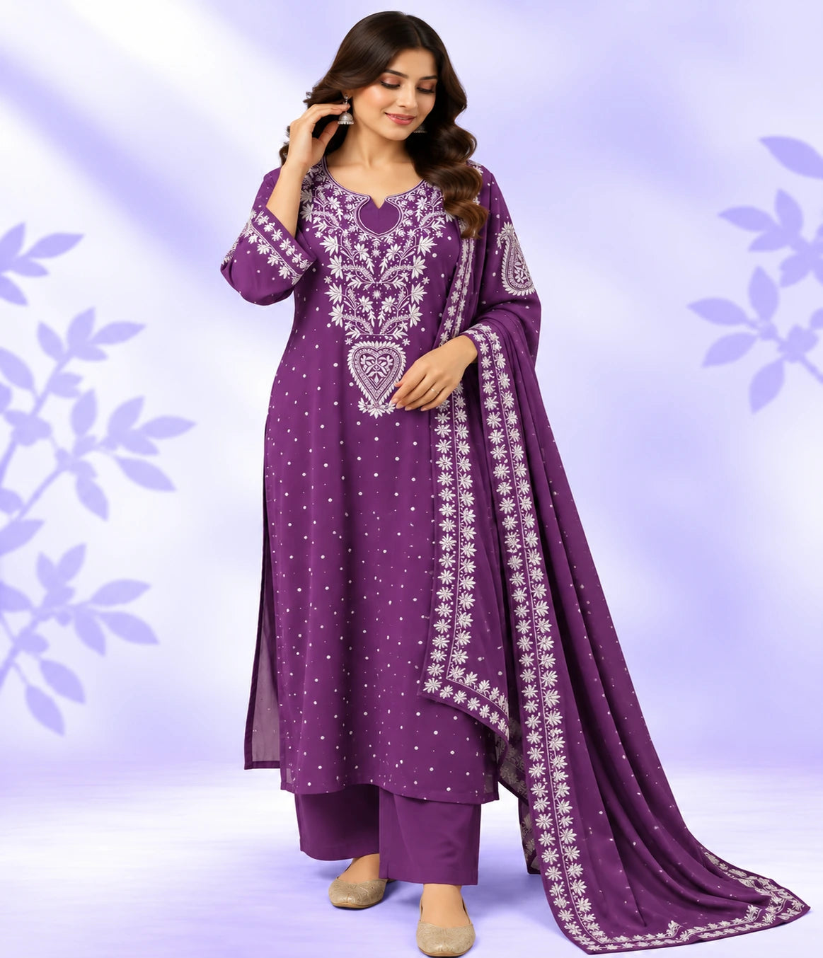 YASHI Luxury Mal Chanderi Handcrafted Chikankari Suit with Kasab, Pearl & Katdana Work