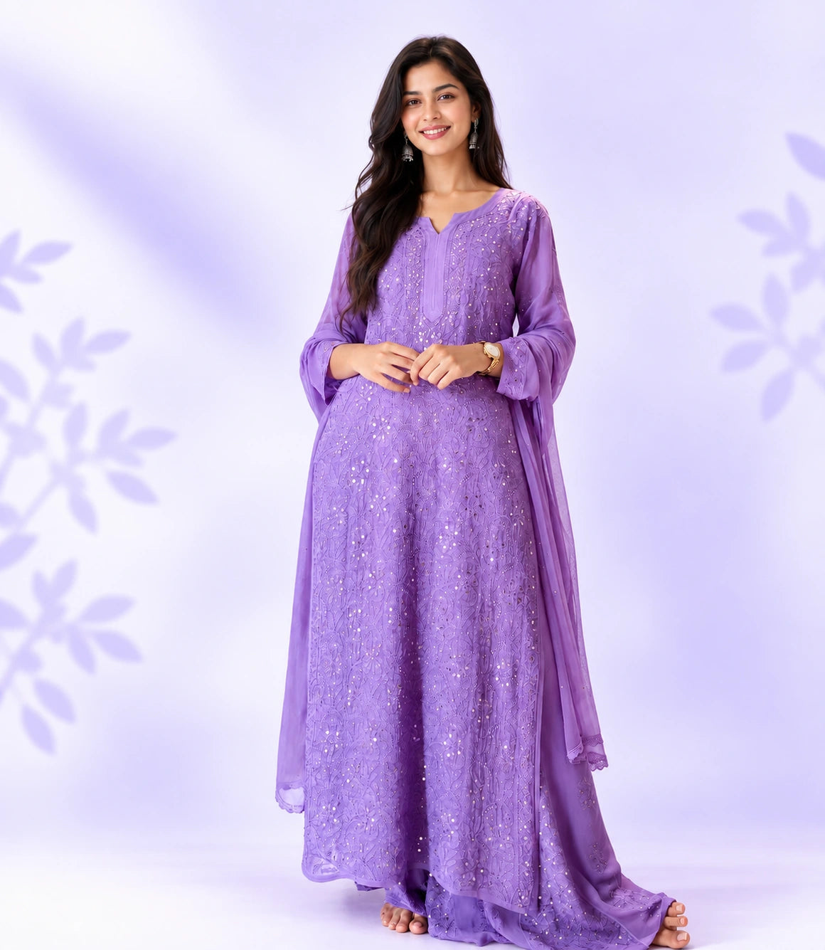 SITARA Deep Lavender Pure Viscose Georgette Chikankari Kaamdani suit Set