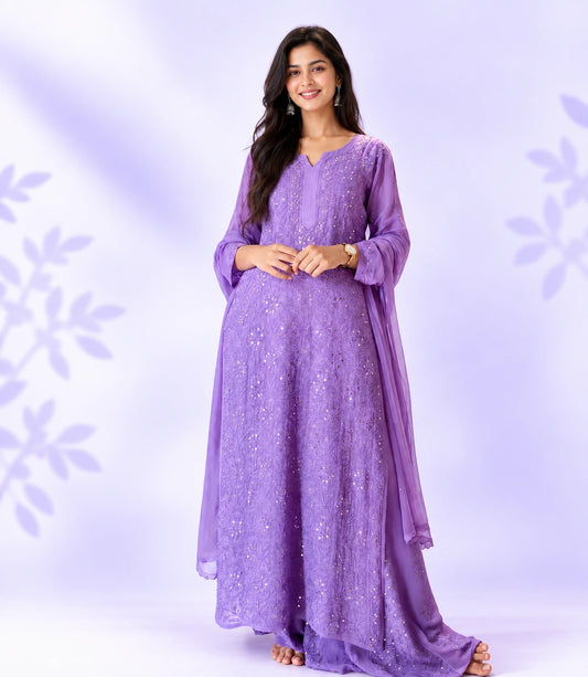 SITARA Deep Lavender Pure Viscose Georgette Chikankari Kaamdani suit Set