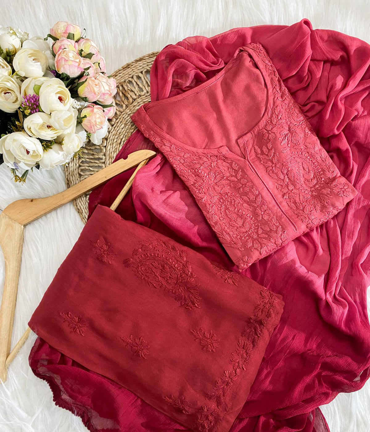 RADHIKA Red Modal Chikankari 3 Piece Set