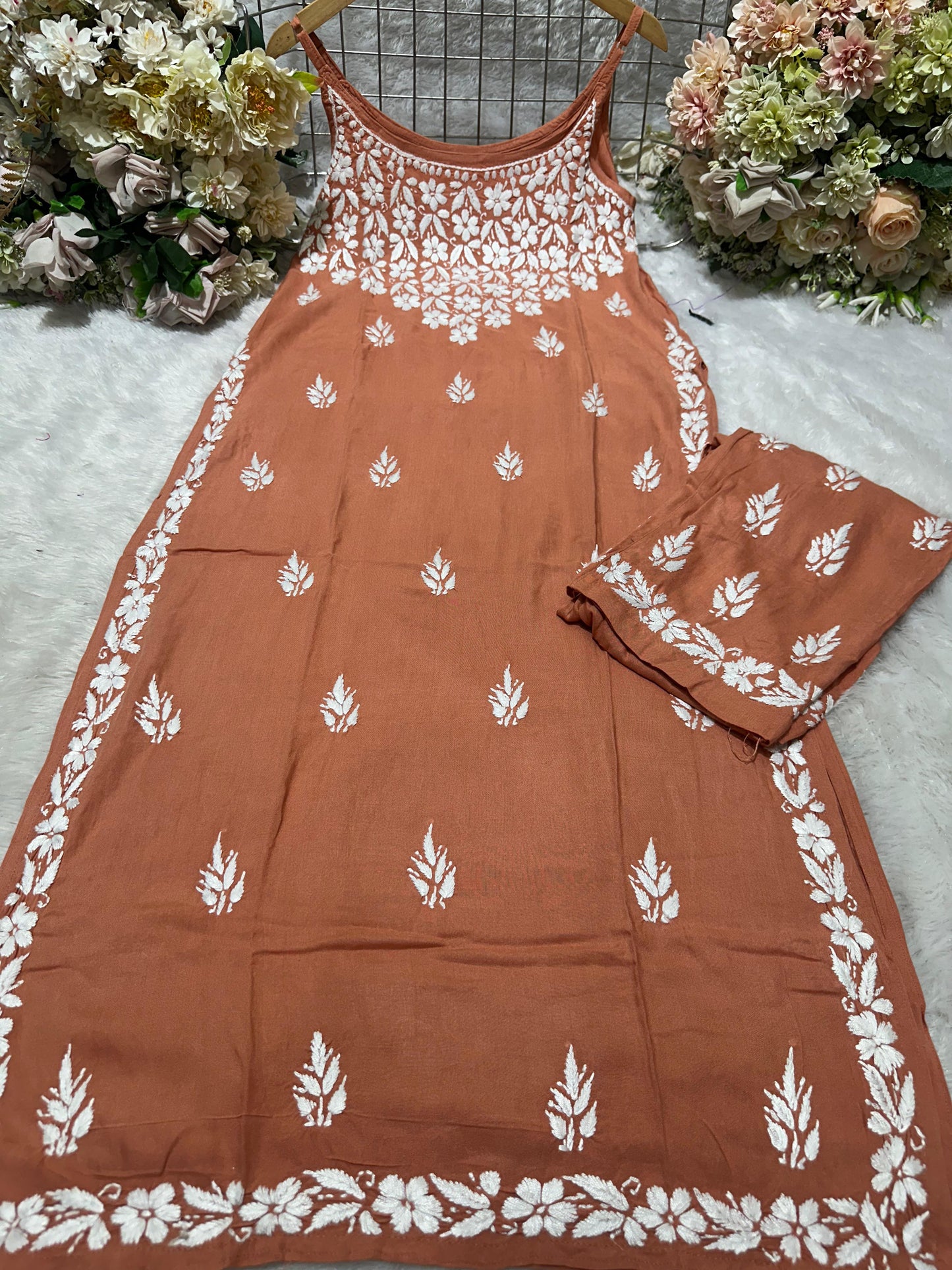 KIRAN Pure Modal Noodle Strap Chikankari kurti and Palzzo set