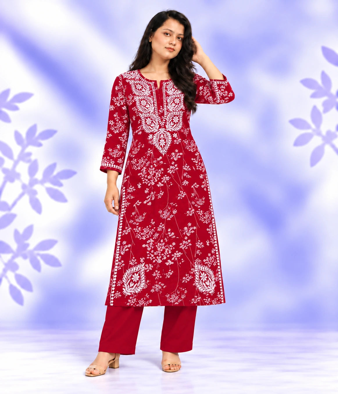 NISHA Red Mulmul Printed Chikankari Long Kurta