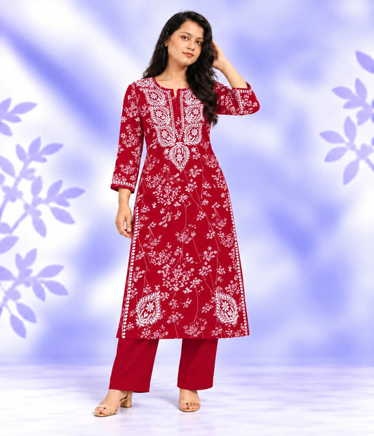NISHA Red Mulmul Printed Chikankari Long Kurta