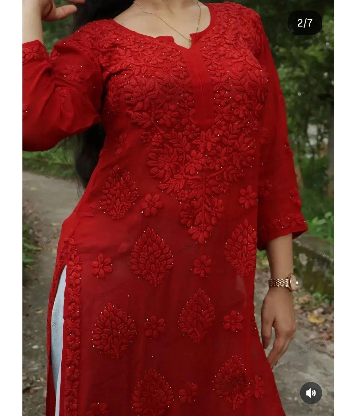 AARTI Red Ombre  3D Chikankari Kurti with Golden Kamdani Work