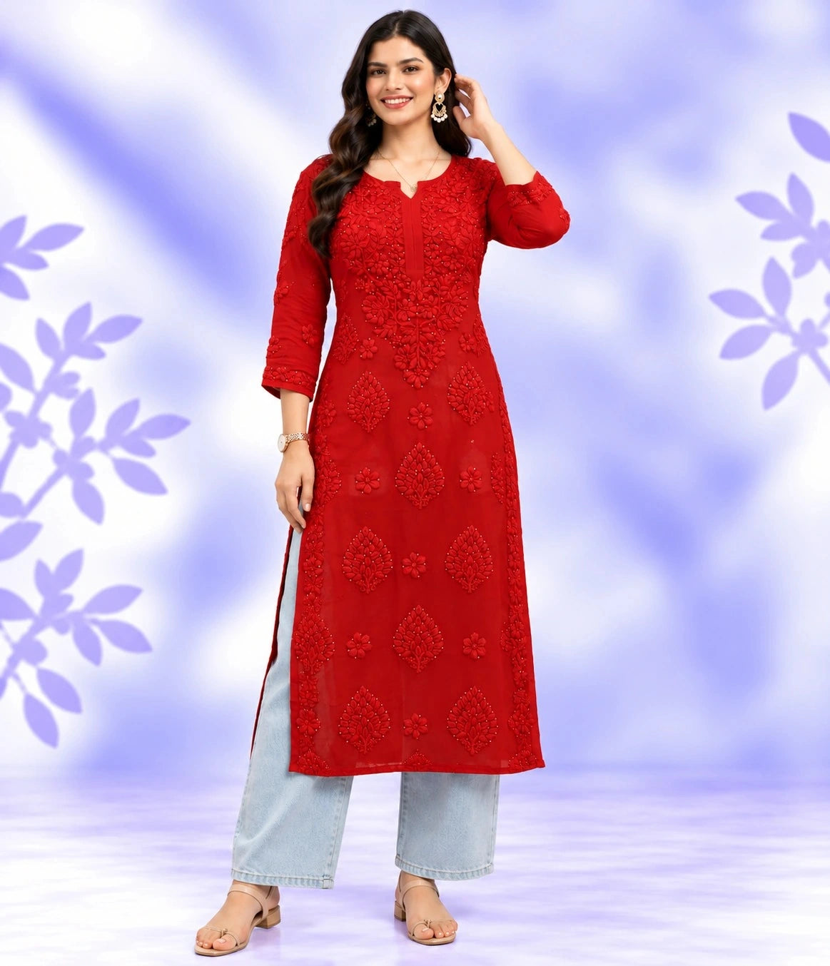 AARTI Red Ombre  3D Chikankari Kurti with Golden Kamdani Work