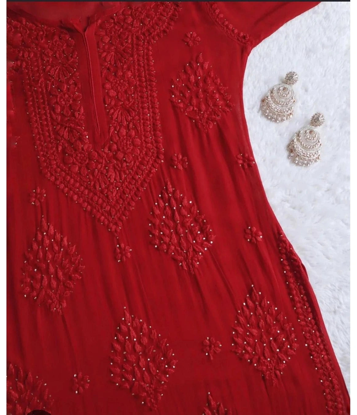 AARTI Red Ombre  3D Chikankari Kurti with Golden Kamdani Work