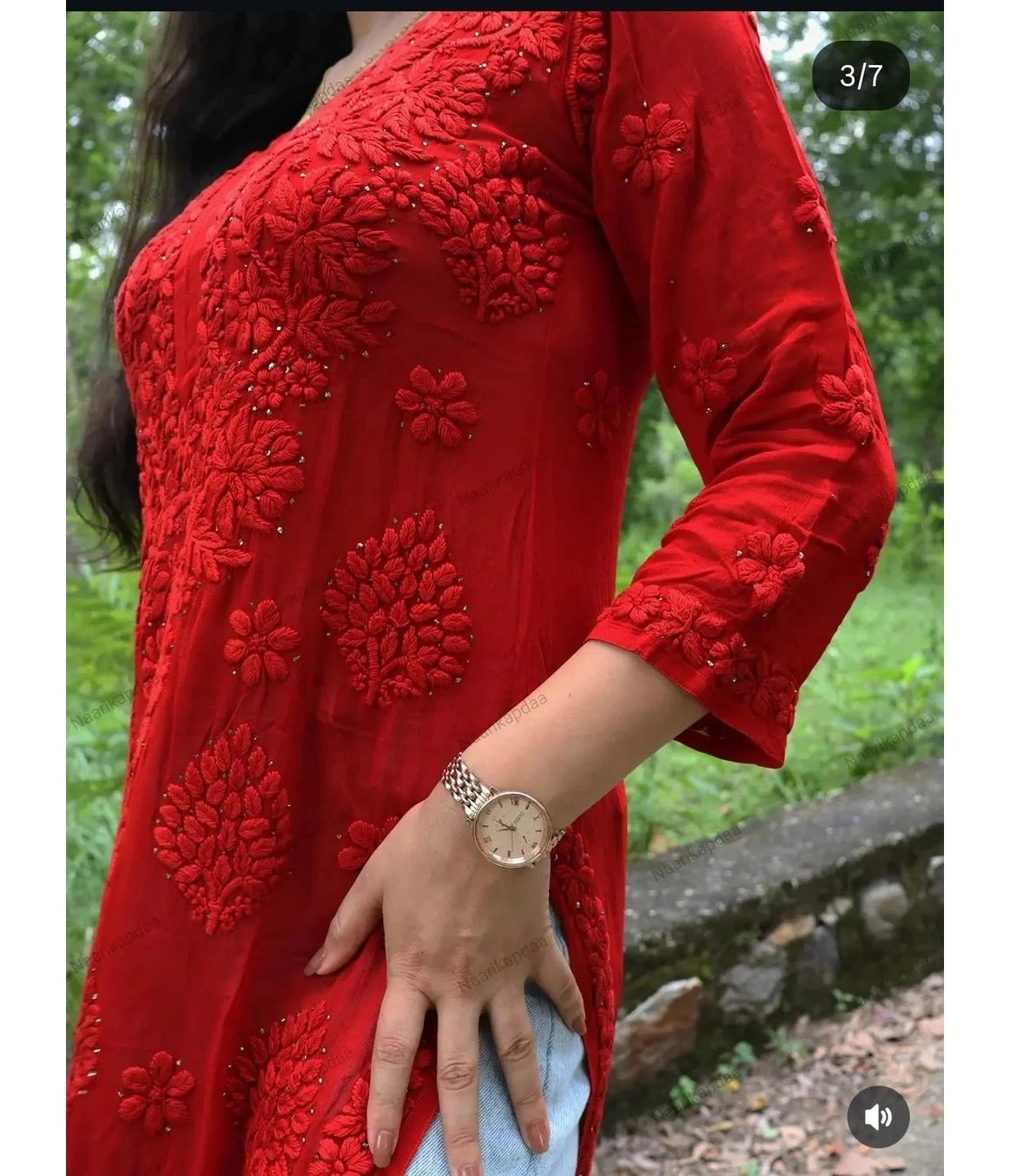 AARTI Red Ombre  3D Chikankari Kurti with Golden Kamdani Work
