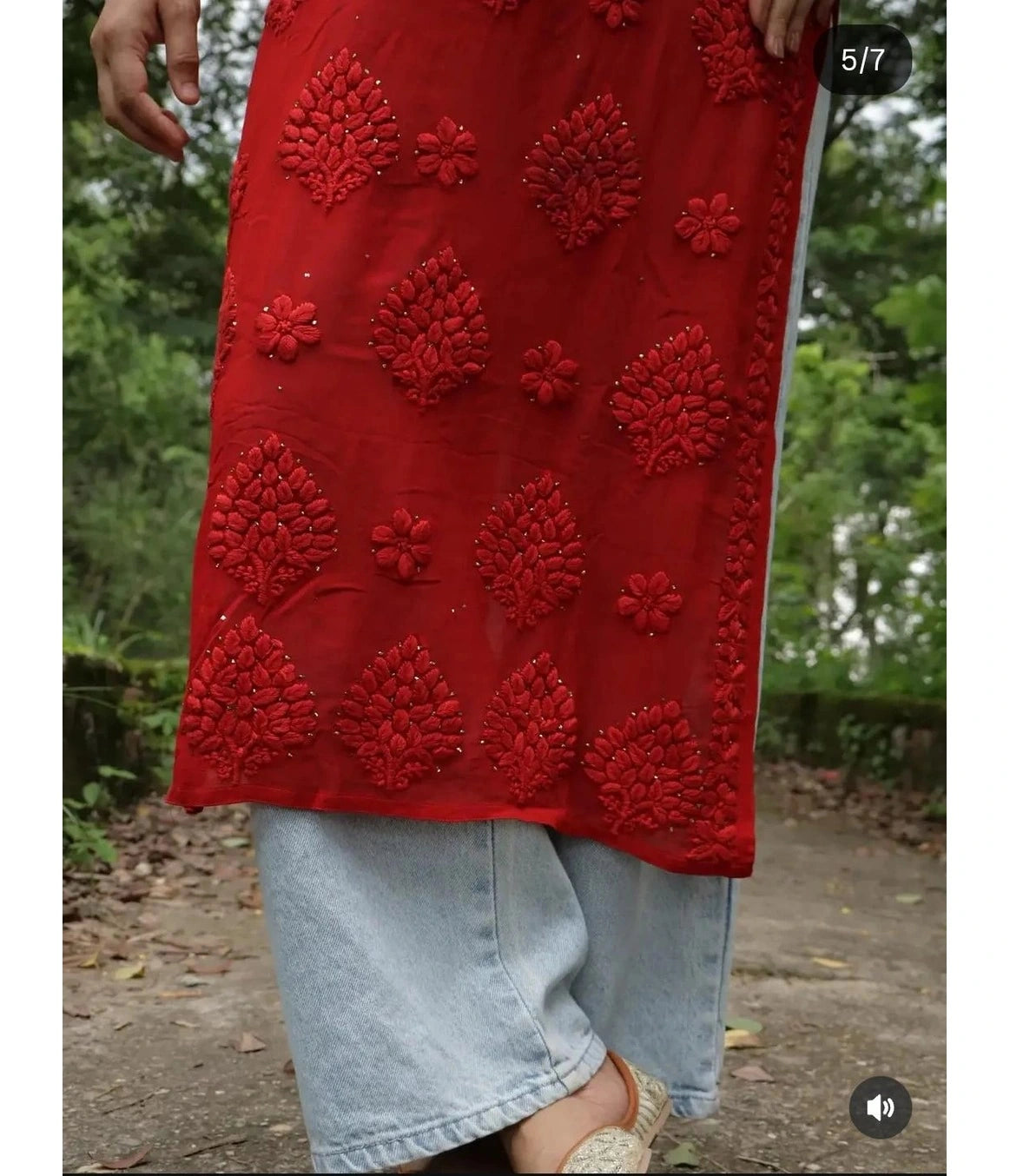 AARTI Red Ombre  3D Chikankari Kurti with Golden Kamdani Work