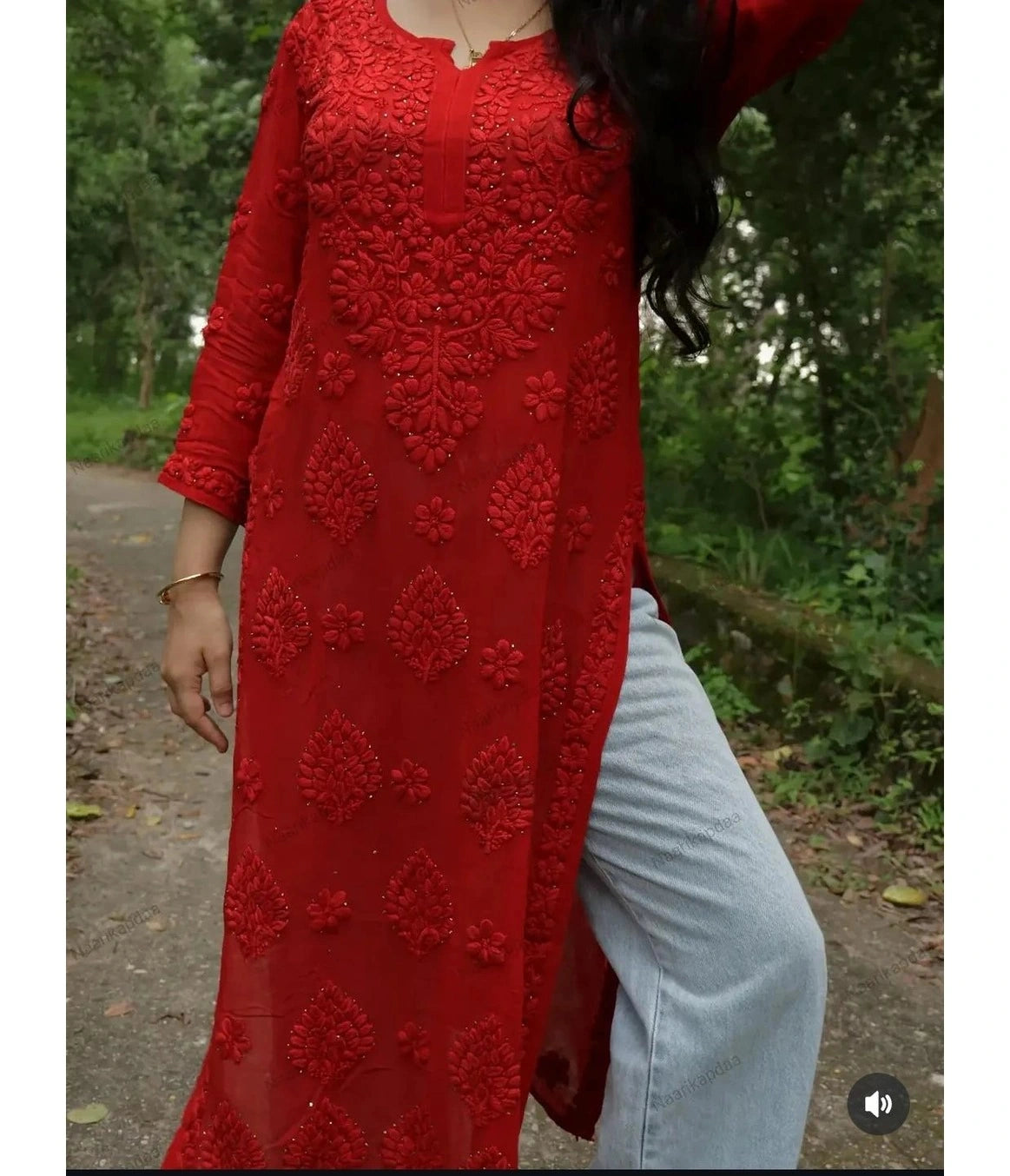 AARTI Red Ombre  3D Chikankari Kurti with Golden Kamdani Work