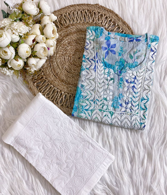 SONALI Blue Mulmul Printed Chikankari Short Top Set