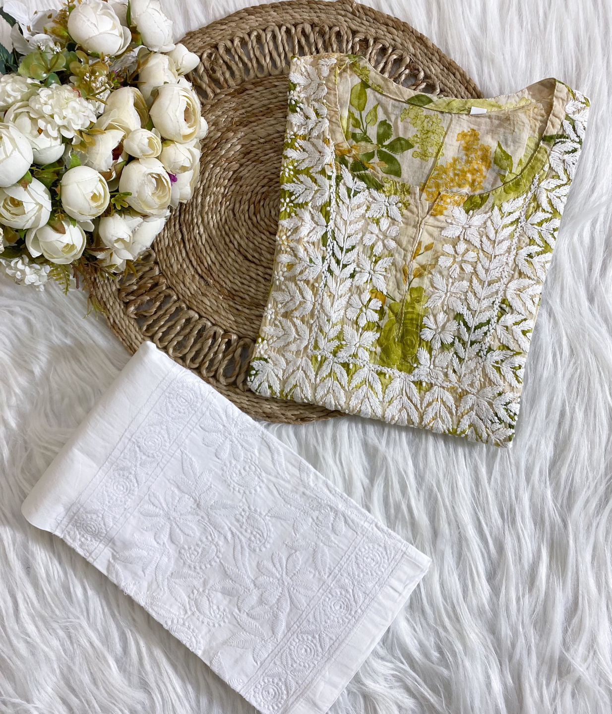 SONALI Green Mulmul Printed Chikankari Top Set