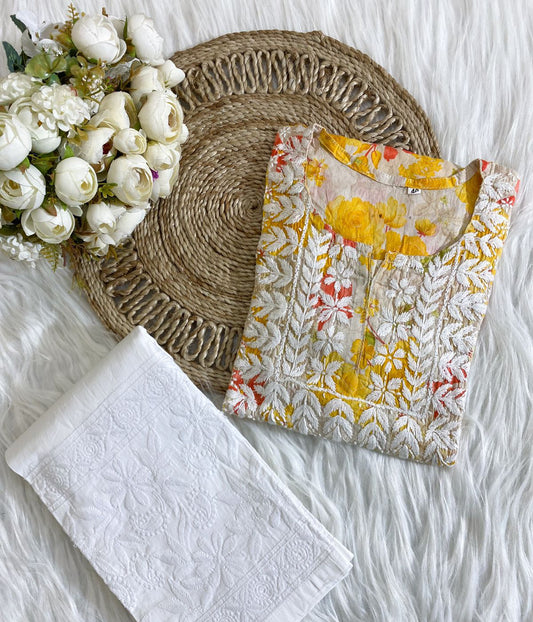 SONALI Yellow Mulmul Printed Chikankari Top Set