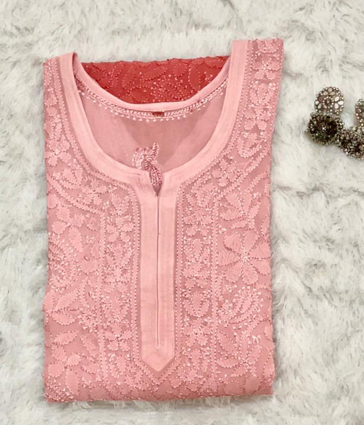 SWATI Pink Pure Viscose Chikankari Resham Omray Kurti