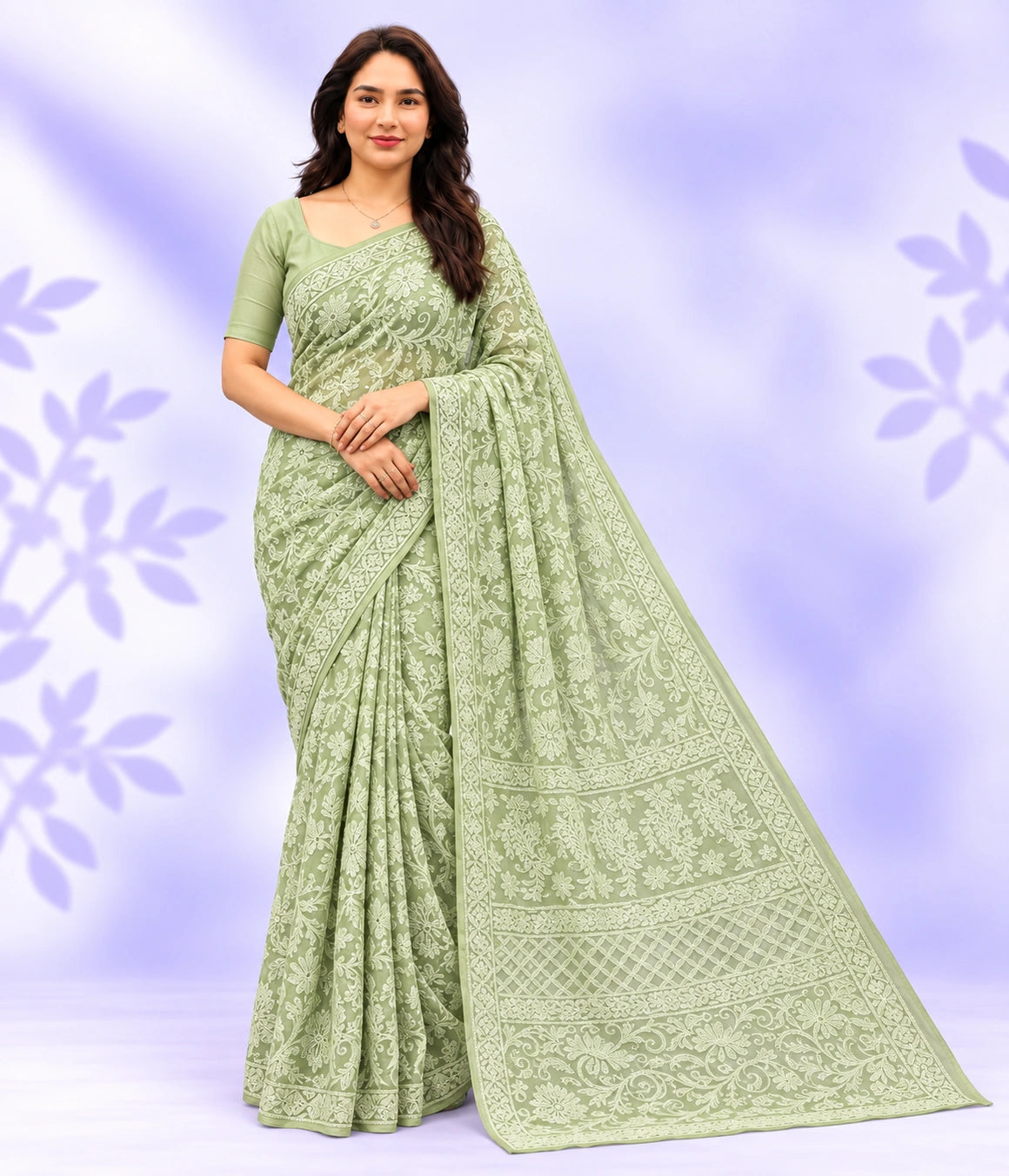 ZIA Green Georgette Chikankari Saree With Blouse