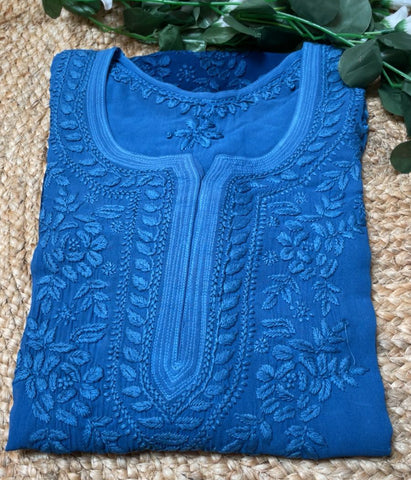 SARIKA Blue Pure Viscose Chikankari3D Emboss Omray Kurti