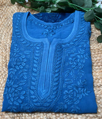 SARIKA Blue Pure Viscose Chikankari3D Emboss Omray Kurti