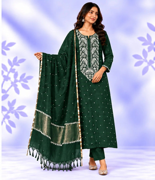 MAHI Pure Mulmul Unstitched Lucknowi Chikankari Kurta Fabric with Zari Dupatta & Pearl Work