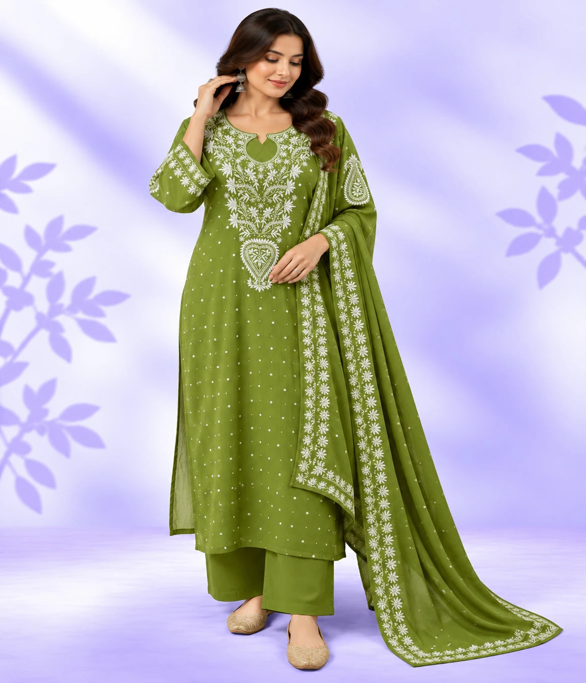 YASHI Luxury Mal Chanderi Handcrafted Chikankari Suit with Kasab, Pearl & Katdana Work