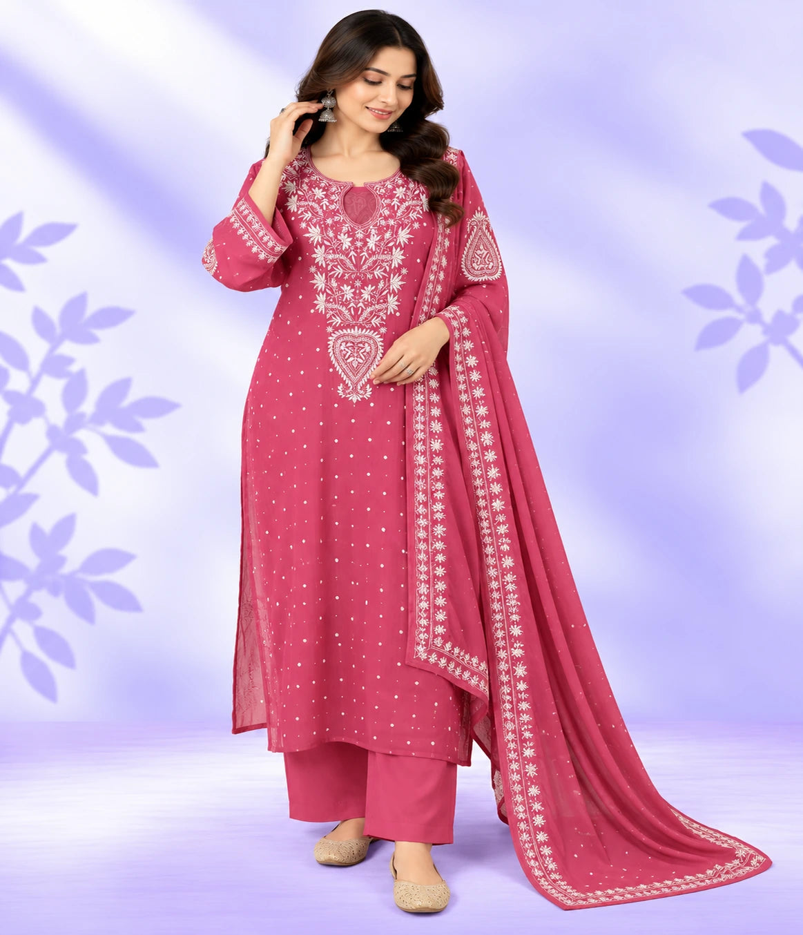 YASHI Luxury Mal Chanderi Handcrafted Chikankari Suit with Kasab, Pearl & Katdana Work